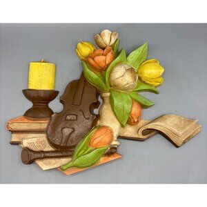 Vtg Homco 3D Wall Decor Flowers Book Candle & Violin